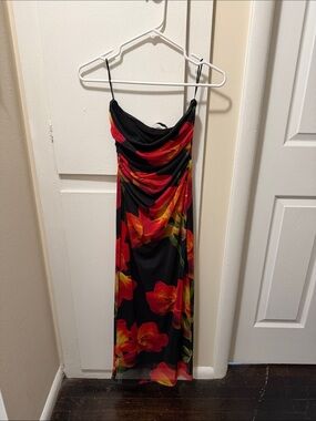 Black Floral Zara Dress with Red & Orange Bloom